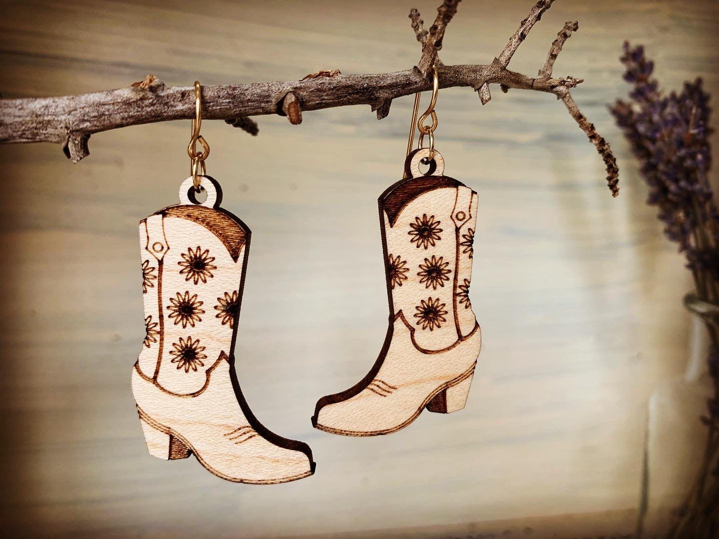 boots, cowgirl boots, cowboy boots, boots earrings, earrings, wood earrings, maple earrings, flower boot earrings, engraved boot earrings, dangle earrings, country earrings, western earrings, girl earrings, rustic earrings, howdy earrings, rodeo earrings, wood and gold earrings, light wood earrings, engraved wood earrings, engraved boot earrings