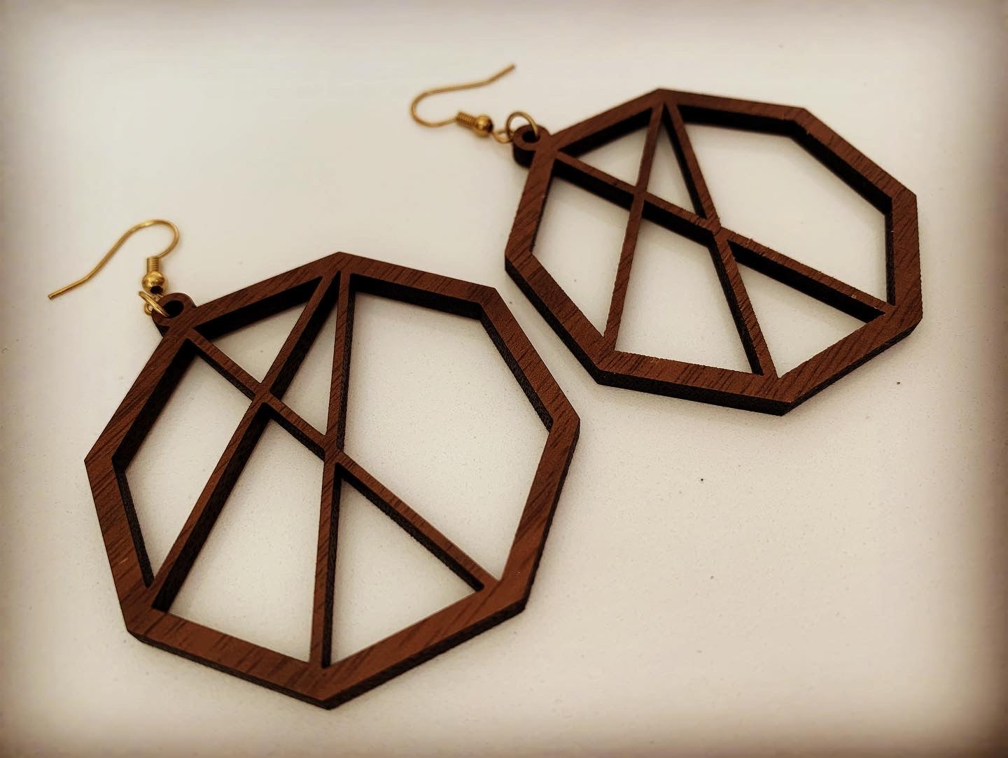 Modern Octagon Walnut Wood Earrings