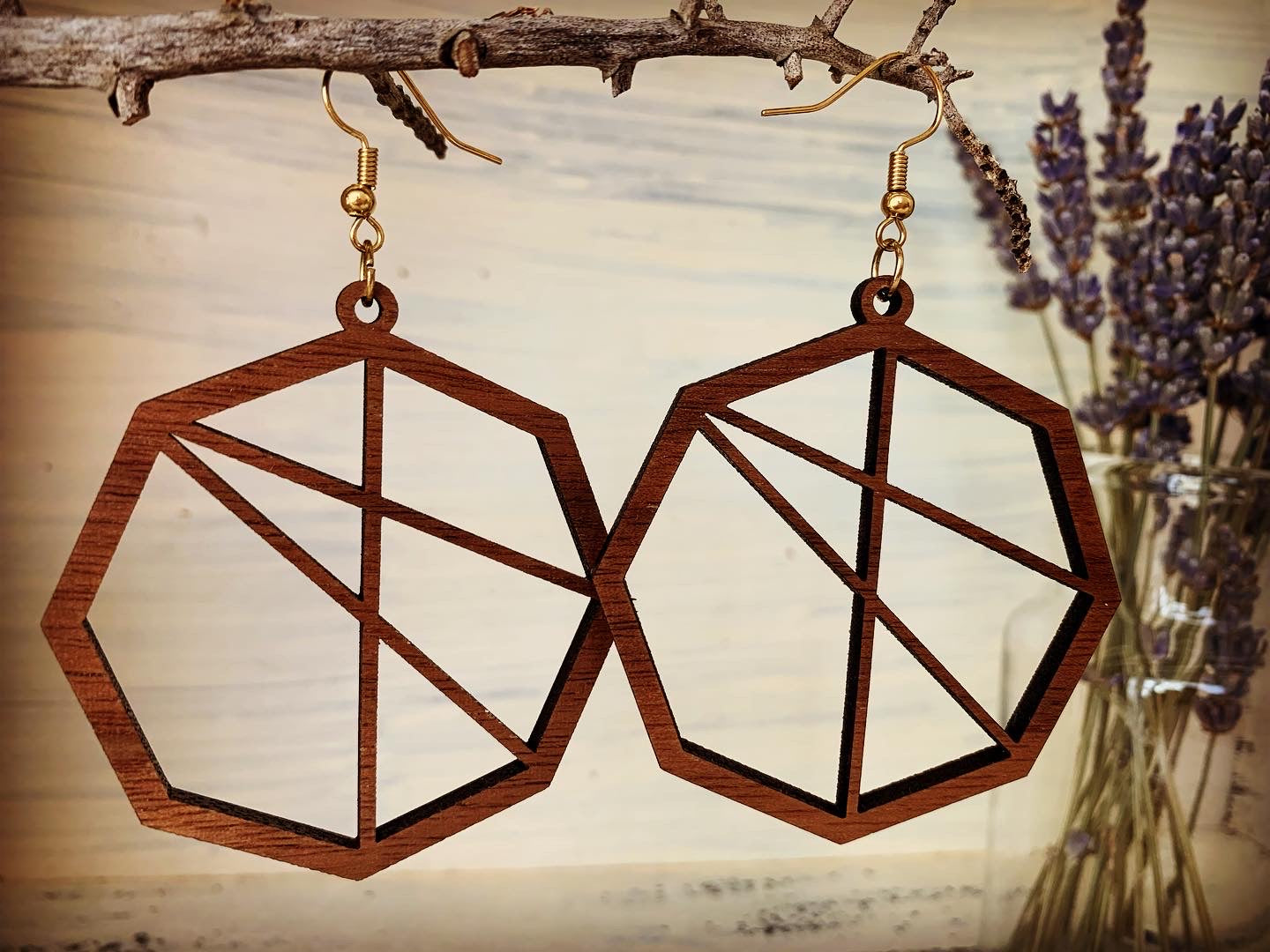 Modern Octagon Walnut Woon Earrings