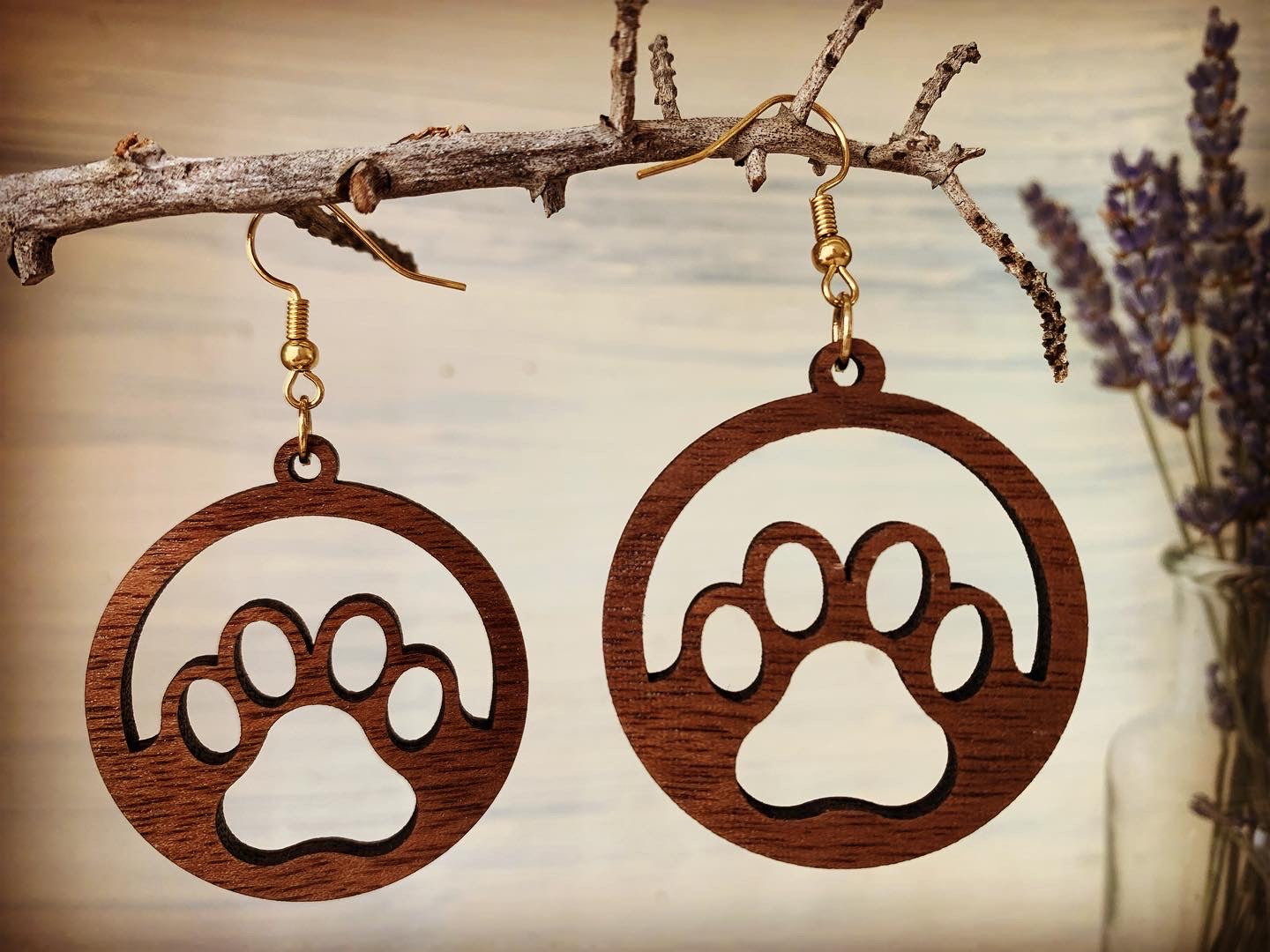 Dog Paw Walnut Wood Earrings