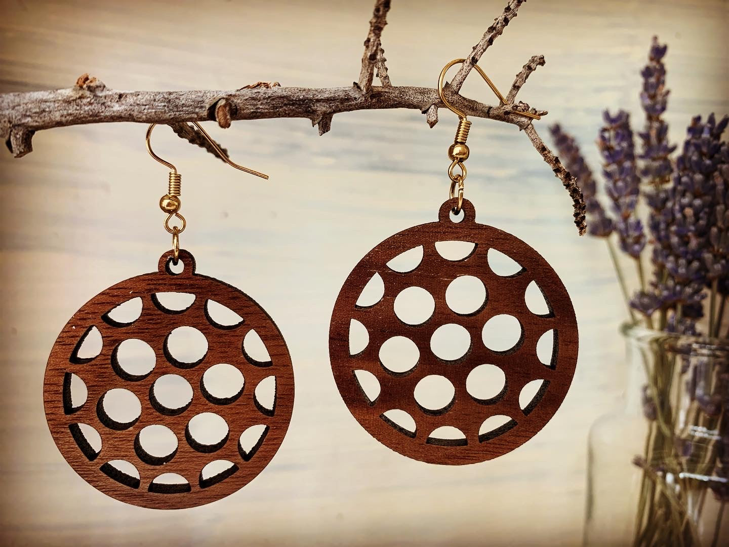 Circle Pattern Walnut Wood Earrings