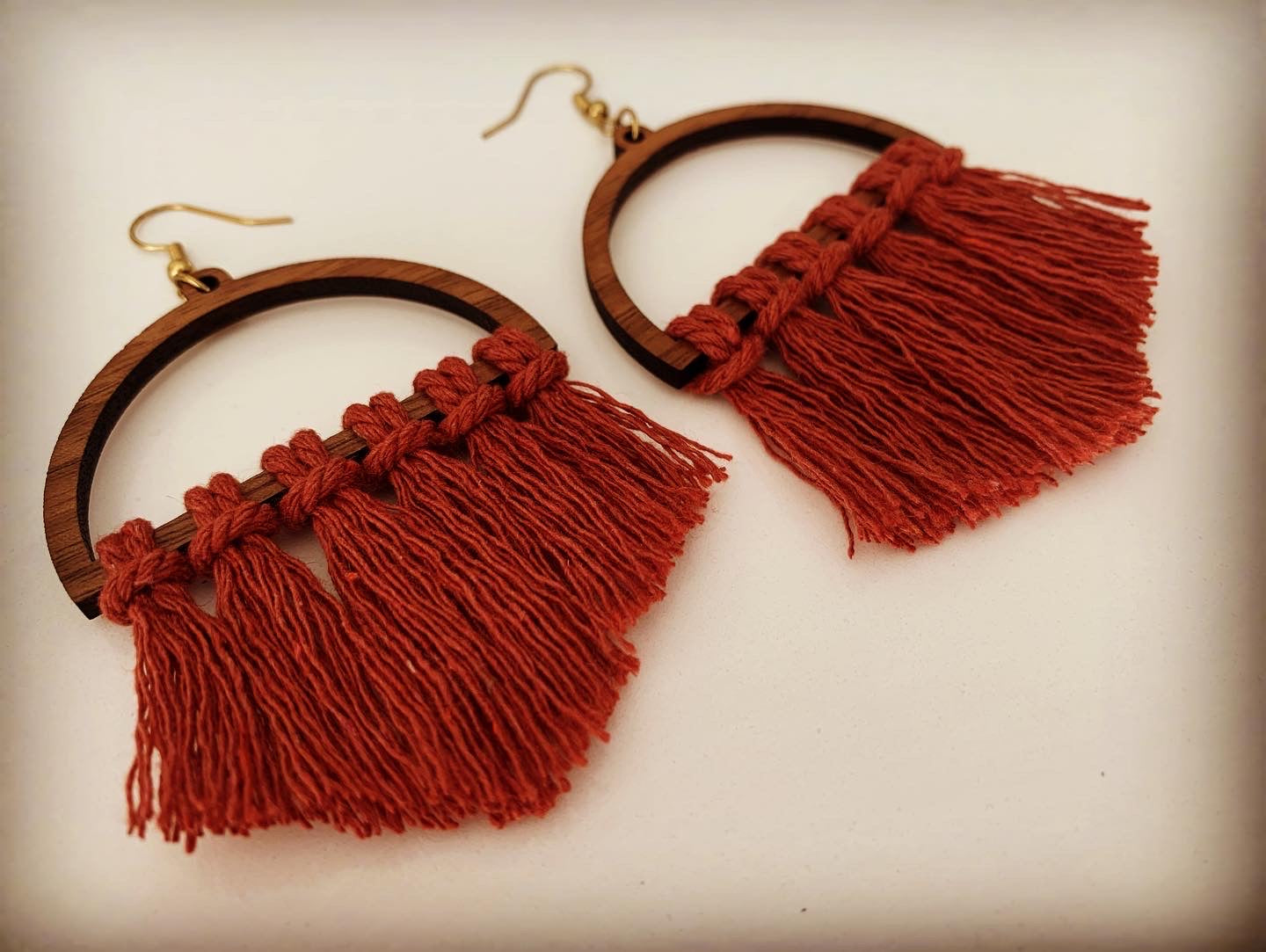 Boho Chic Rust Macrame Walnut Wood Earrings