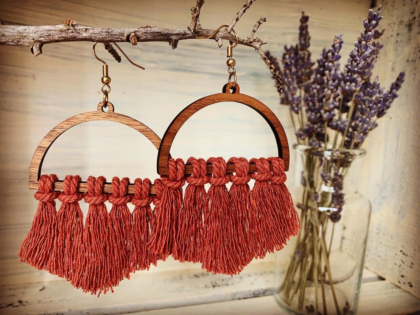 Boho Chic Rust Macrame Walnut Wood Earrings