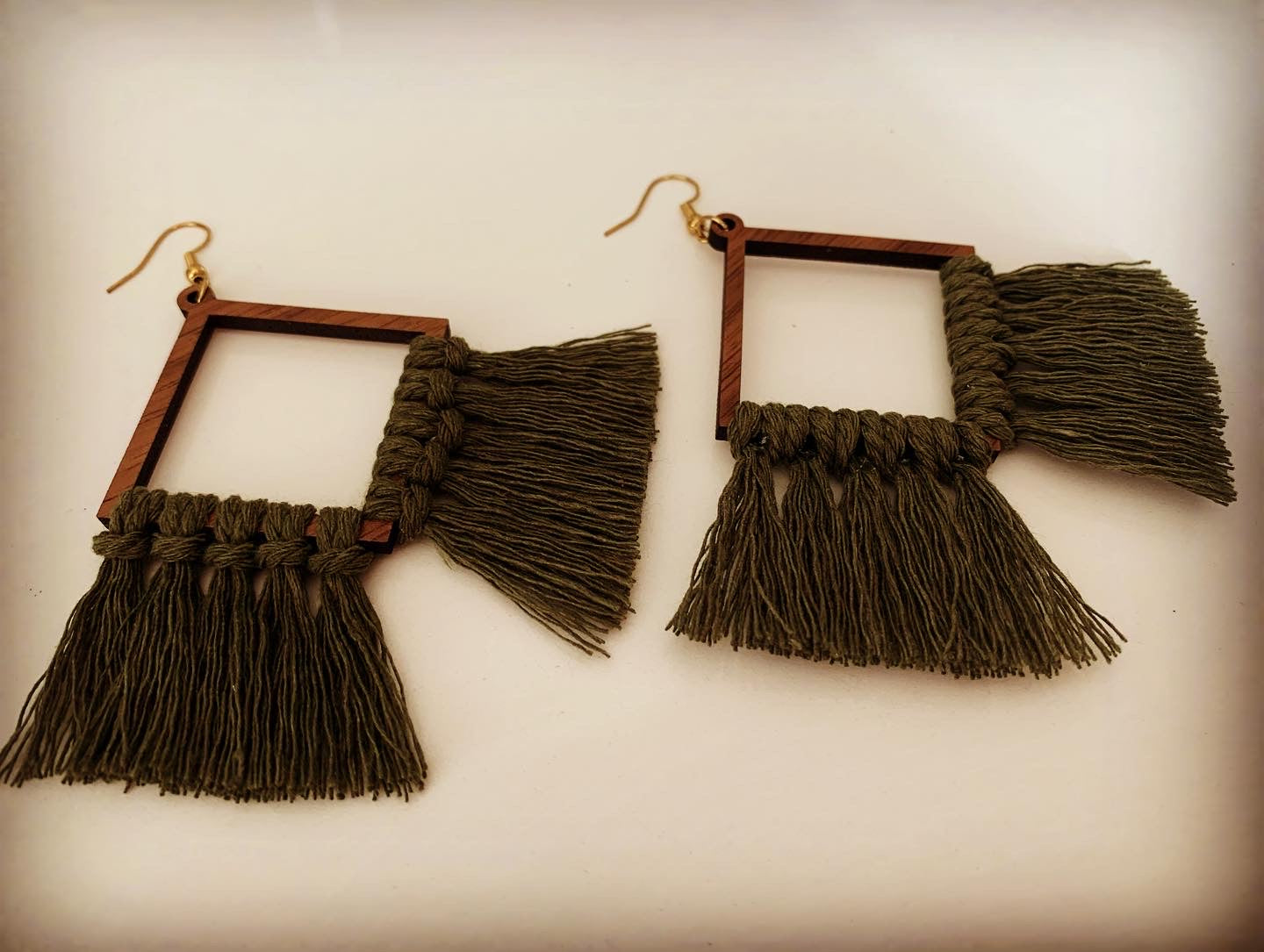 Square Army Greem Macrame Walnut Wood Earrings