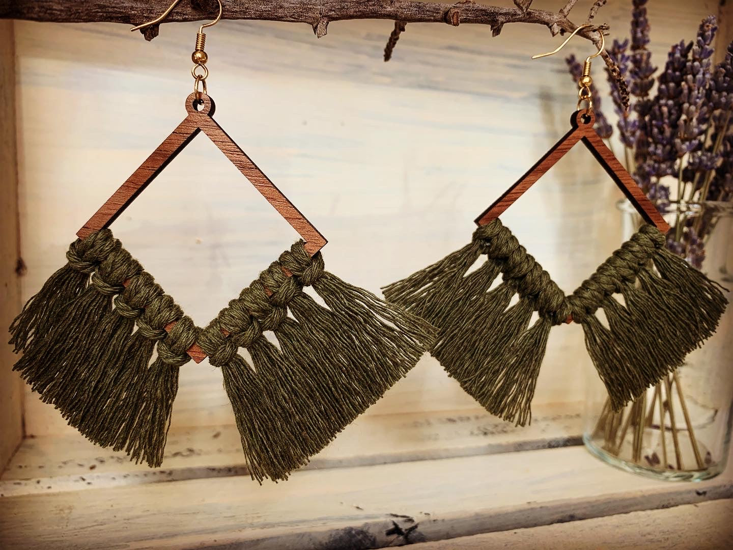 Square Army Green Macrame Walnut Wood Earrings