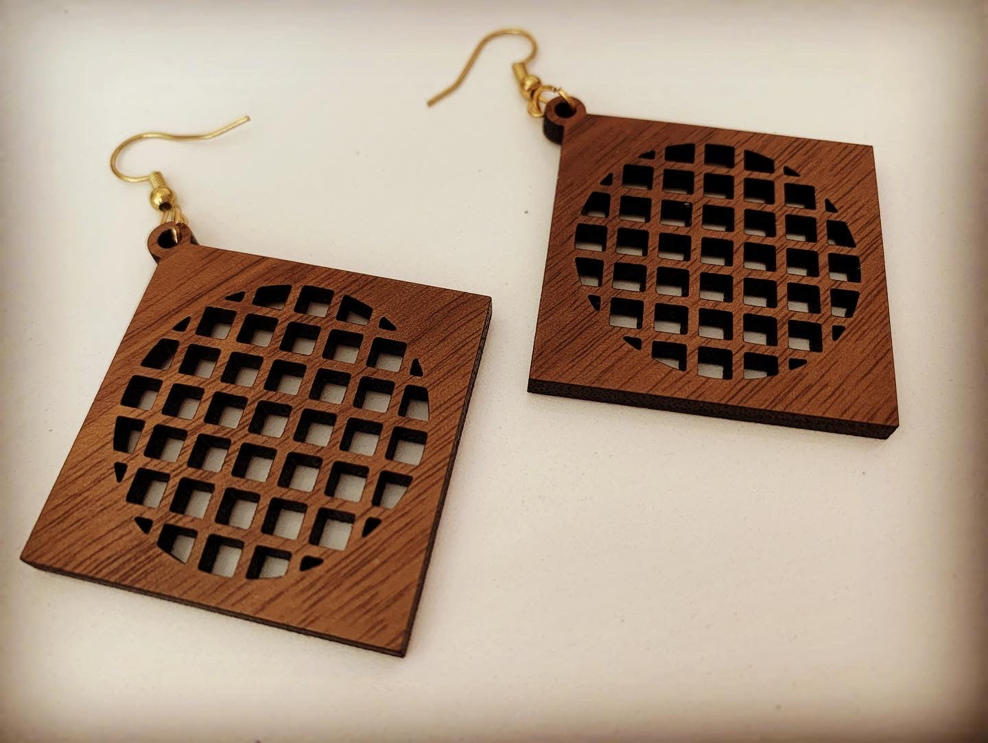 Square Lattice Walnut Wood Earrings