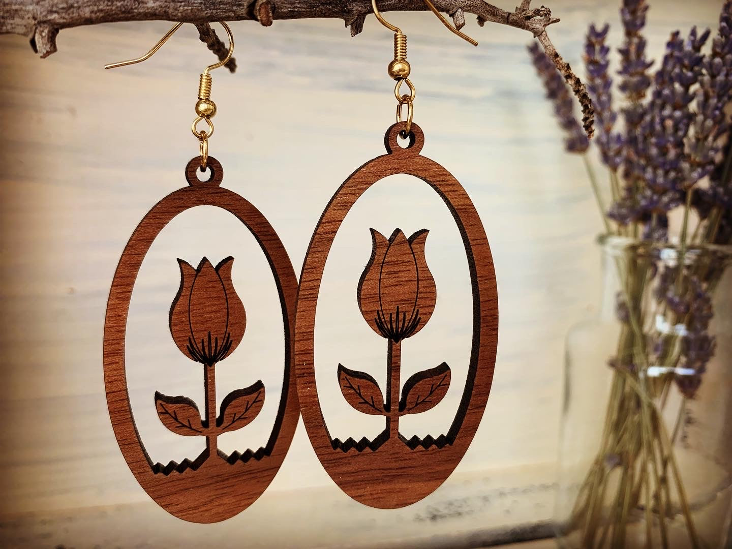 Tulip Walnut Wood Earrings