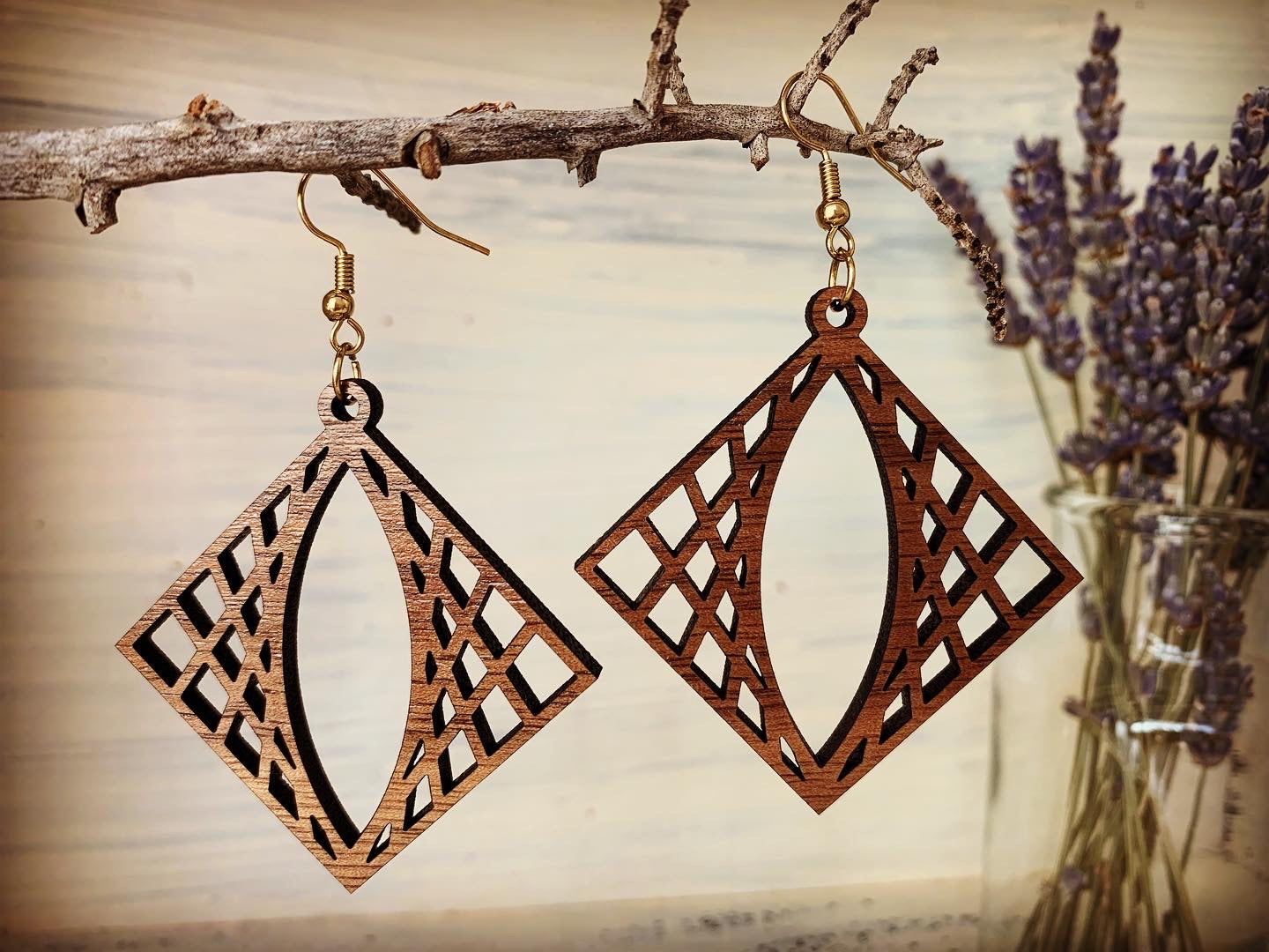 Geometric Walnut Wood Earrings