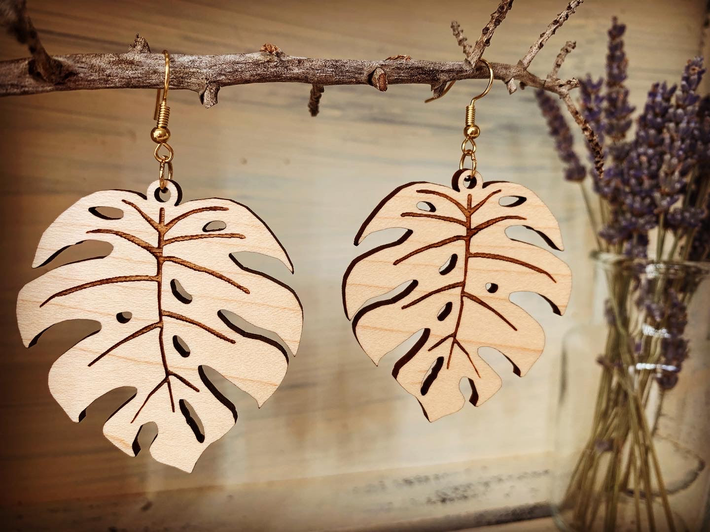 Monstera Leaf Maple Wood Earings