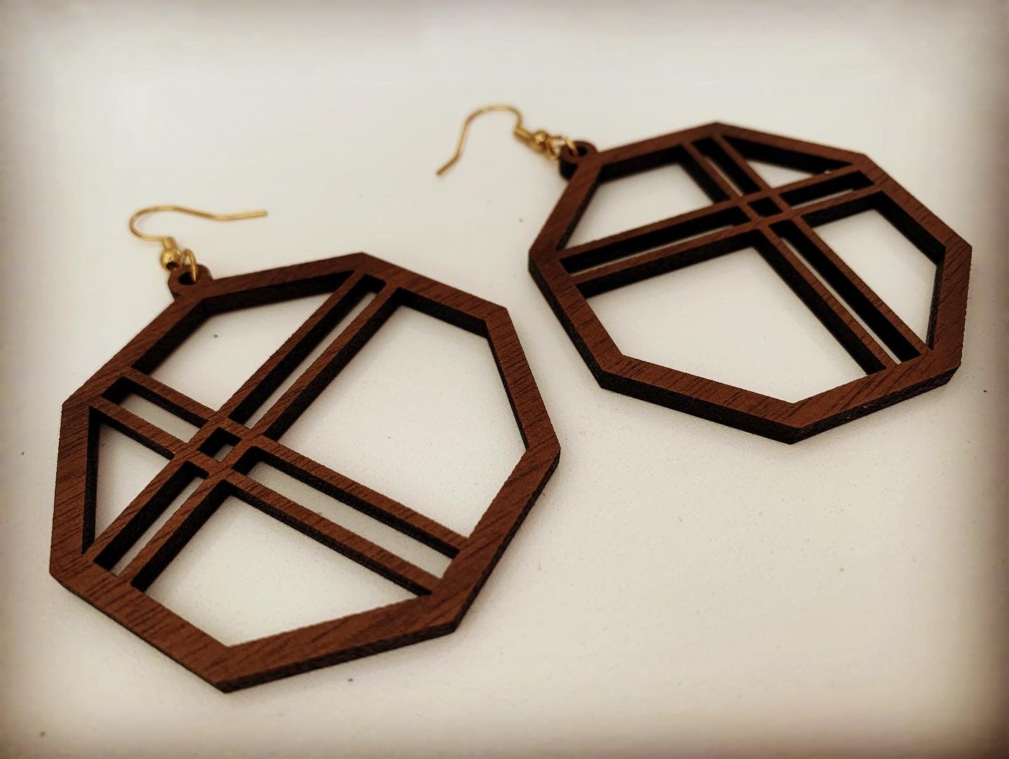 Architectural Octagon Walnut Wood Earrings