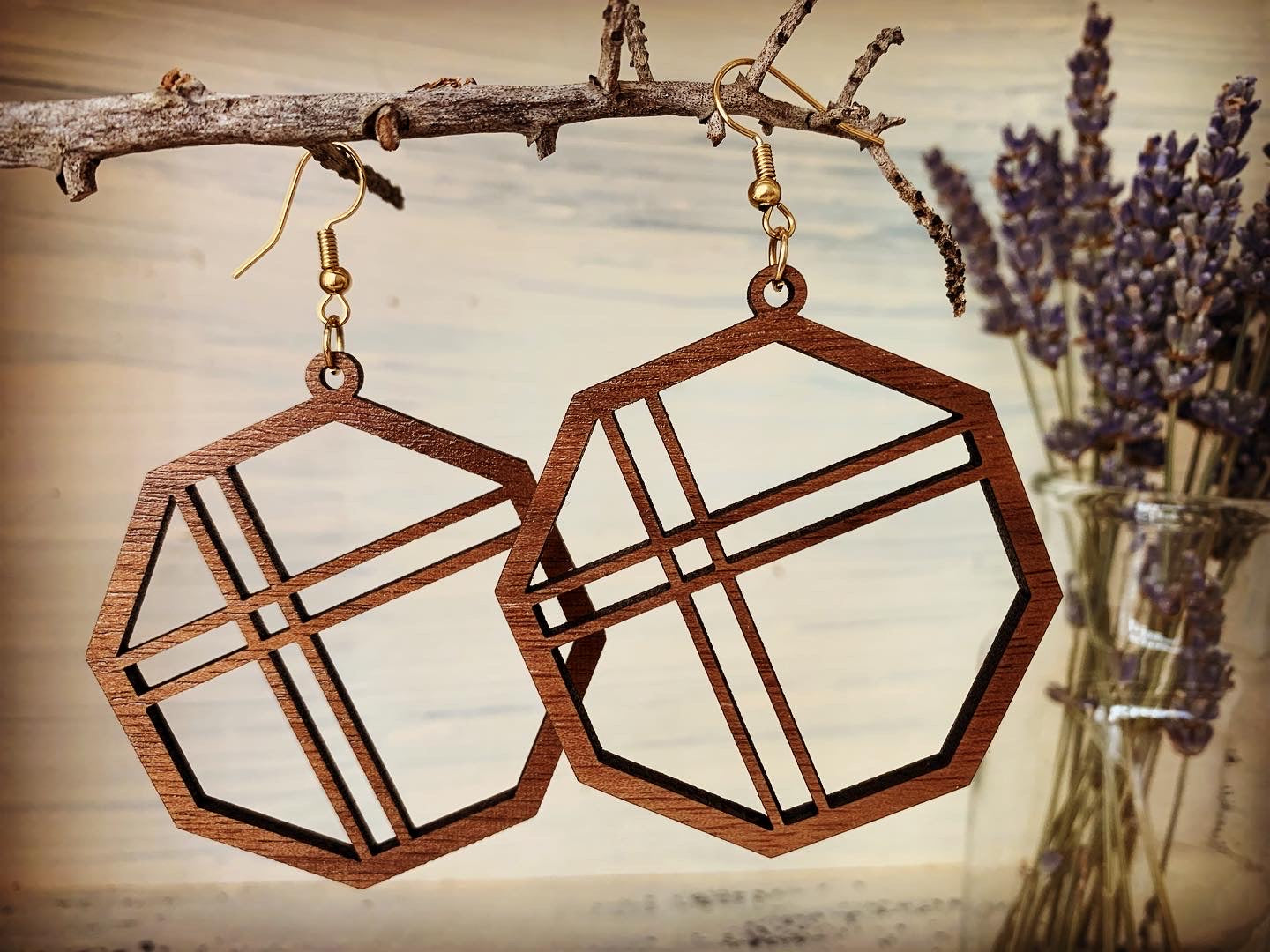Architectural Octagon Walnut Wood Earrings