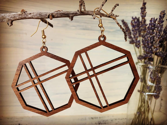 Architectural Octagon Walnut Wood Earrings