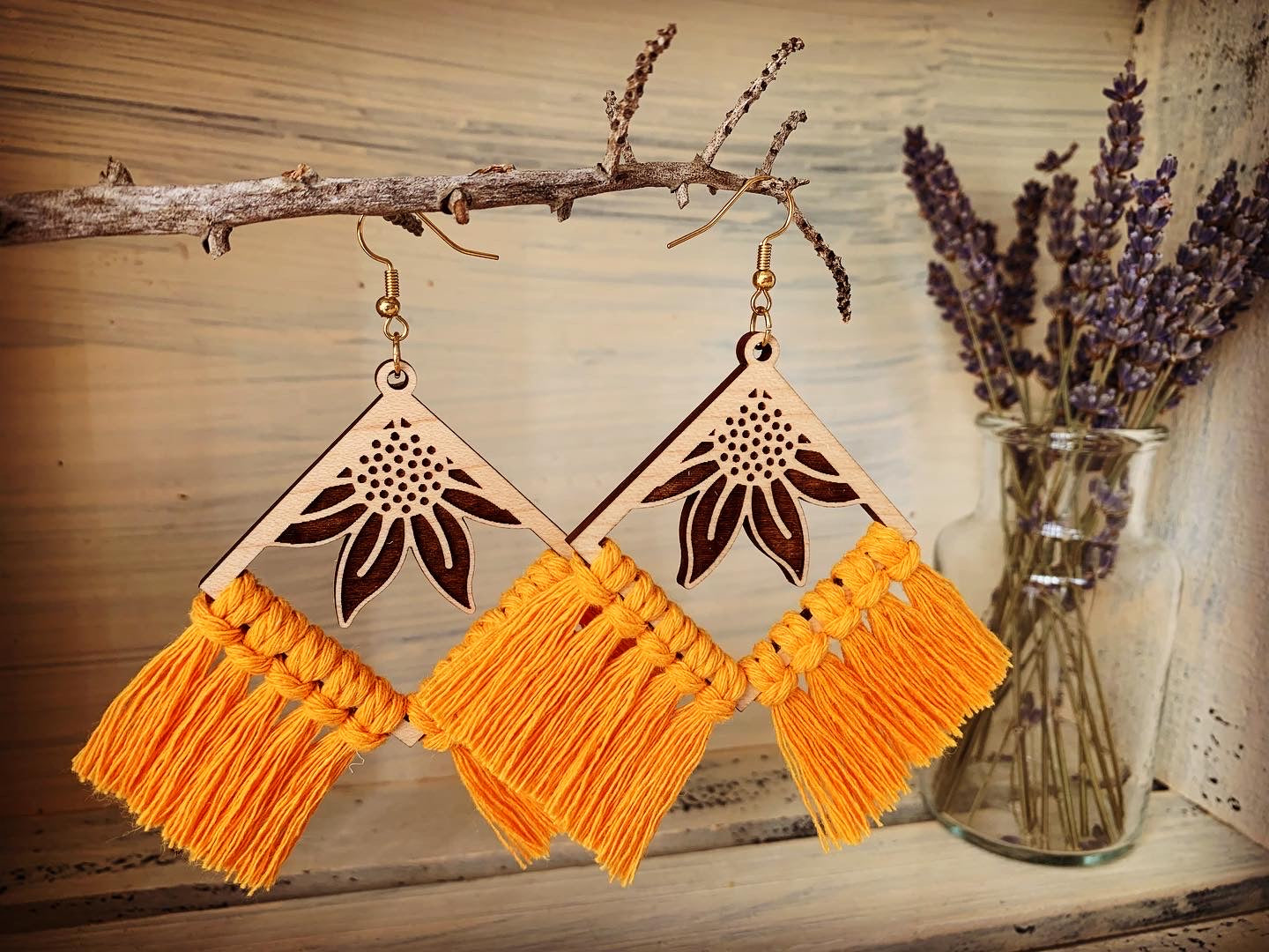 Square Flower & Macrame Earrings